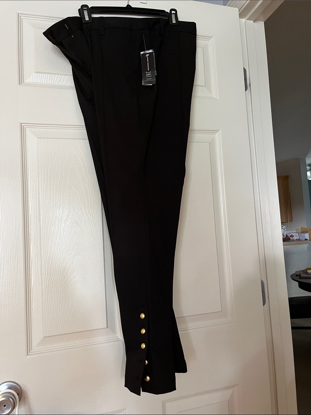 INC International Concepts Black Straight-Leg Pants with Gold Buttons